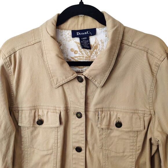 DENIM & CO. Tan Button-Up Large Women's Waist Length Jean Jacket Long Sleeve - Picture 2 of 5